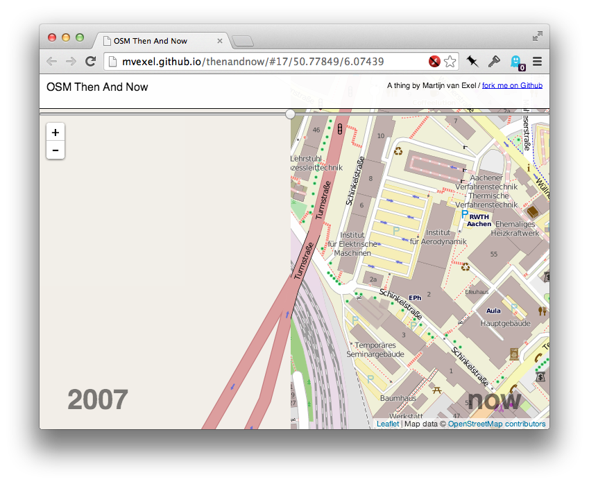 Screenshot from OSM then and now in Aachen